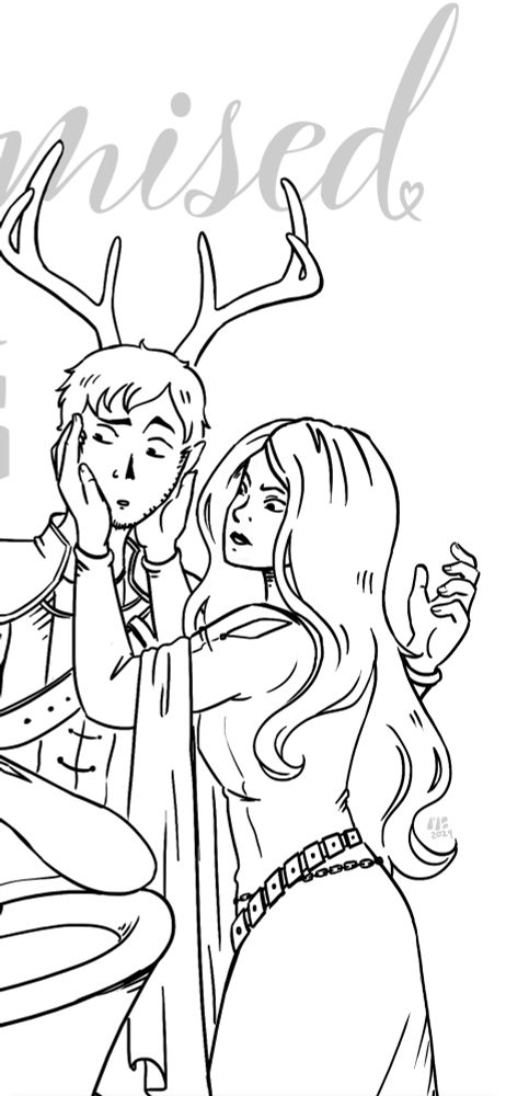 A cropped part of an illustration (lineart). Showing a woman with long hair and a medieval dress holding the face of a guy with deer antlers.