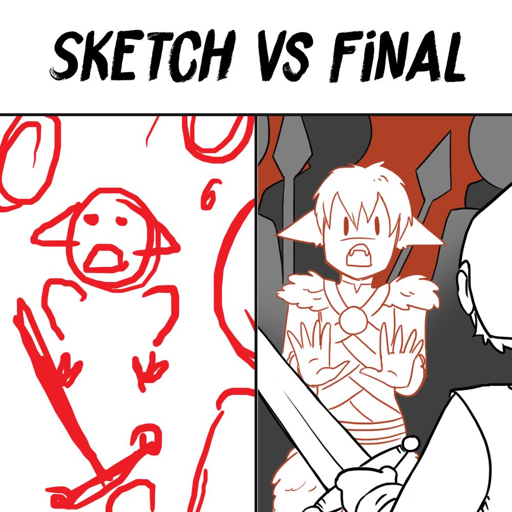 An image split in half, titled “sketch vs final”. On the left: a sketch so rough its funny. On the right, the final comic panel, in which the character is being threatened by a sword and has his hands up