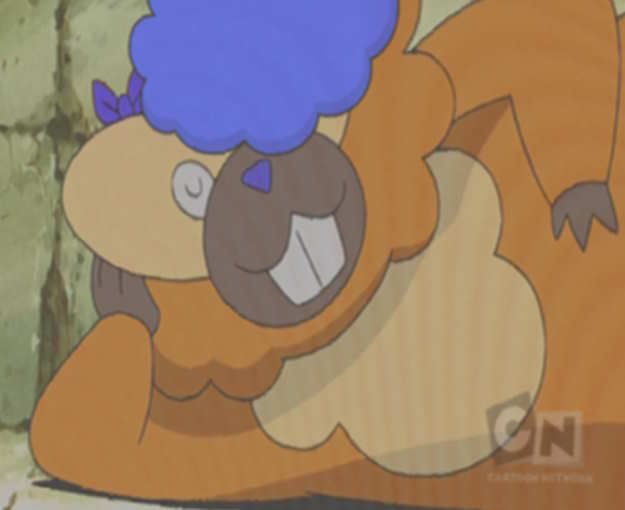 An screenshot of an episode of the Pokemon anime series for Diamond and Pearl, depicting a brown-furred Bibarel. The rodent has a small purple bow and fluffy indigo hair atop its head, laying down with a content expression. The picture is turned around the PMD Pokemon Mystery Dungeon gimmick.

(For clarity, this is a silly edit I made. Regrettably, Chimchar and Eevee did not end up being dressed up in doubled-up dam-diapers by an overbearing Bea beaver.)