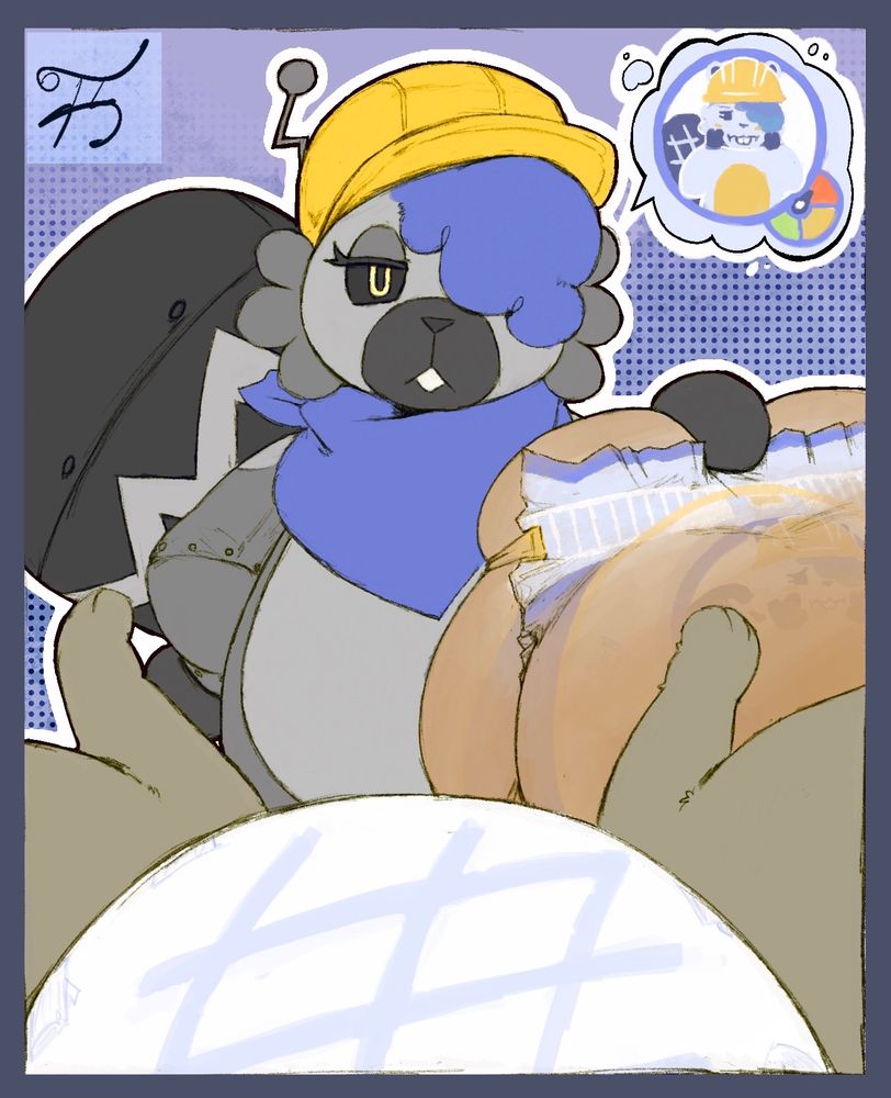 DIAPER CHANGE : COMPLETED
DIAPER FULLNESS : 98.8%

The image depicts a POV shot of an indistinct YCH character representing the viewer, laying back on a diaper changing table as they are getting their pampers changed on a purple background. In front of their legs stands a round and imposing figure of a robotic synthetic Bibarel, with a design that mimics the Future Paradox Pokémon. It is wearing a deep indigo bandana around its neck and a large yellow hardhat with an antenna, with a glowing yellow eye. The mechanical beaver is holding a seriously loaded, 
very droopy poopy nappy in its paw, with the point of view showing a similar Dampers diaper print wrapped on the waist. The smooshy diaper is taped up tight and very full, the beaver inkprint designs splotchy and faded with brown. A icon speech bubble coming from the robot shows the same design, a fullness meter with the dial up in the red with an unamused expression. It is implied that the viewer just had their diaper changed by the automated machine, where the Bea Bot is coldly explaining loading up the potty pressure gauge to the maximum, completely unaware of any embarrassment it might cause.

...Because sure, these mass-produced factory-new mech mommas are real good at handling hefty huggies! But you're a real doozy of a diaper dumper, those poopy pamps are enough to make ANY robo pokemon put in some serious welder-work!