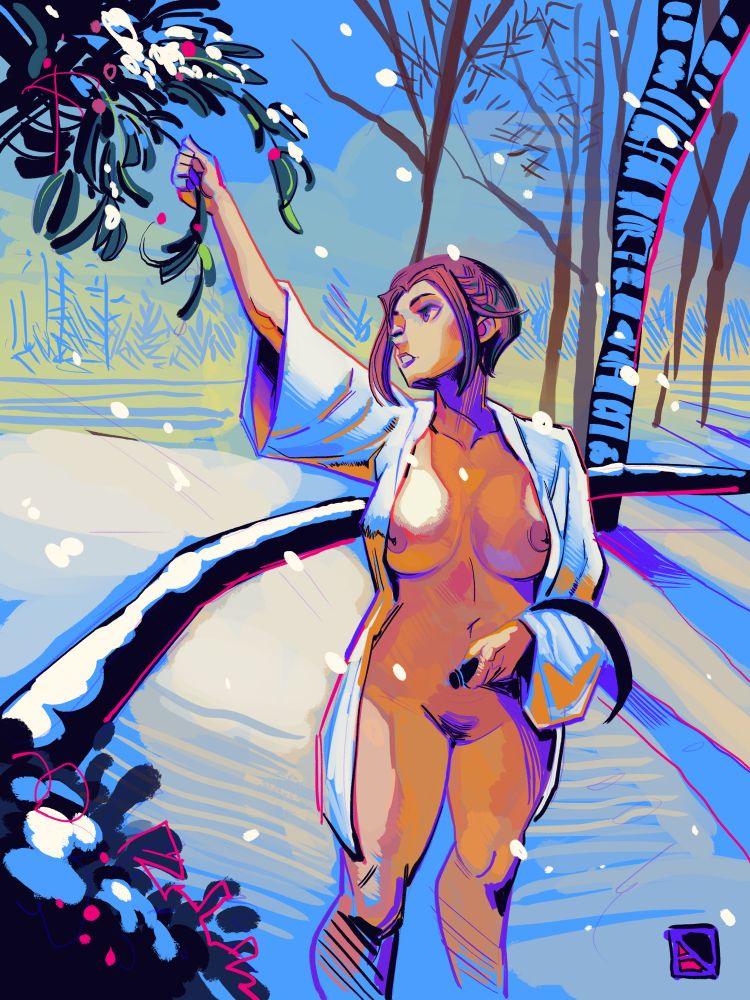 A nude woman wearing a white robe in snow covered woods. She is picking mistletoe, and holding a sickle in her other hand 