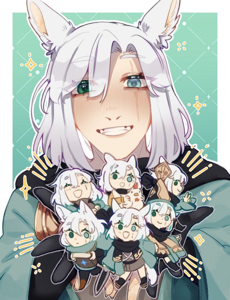 The OP's OC Eun smiling widely at the user. She is presenting a few, tiny chibis of herself, each representing different AU versions of herself.
