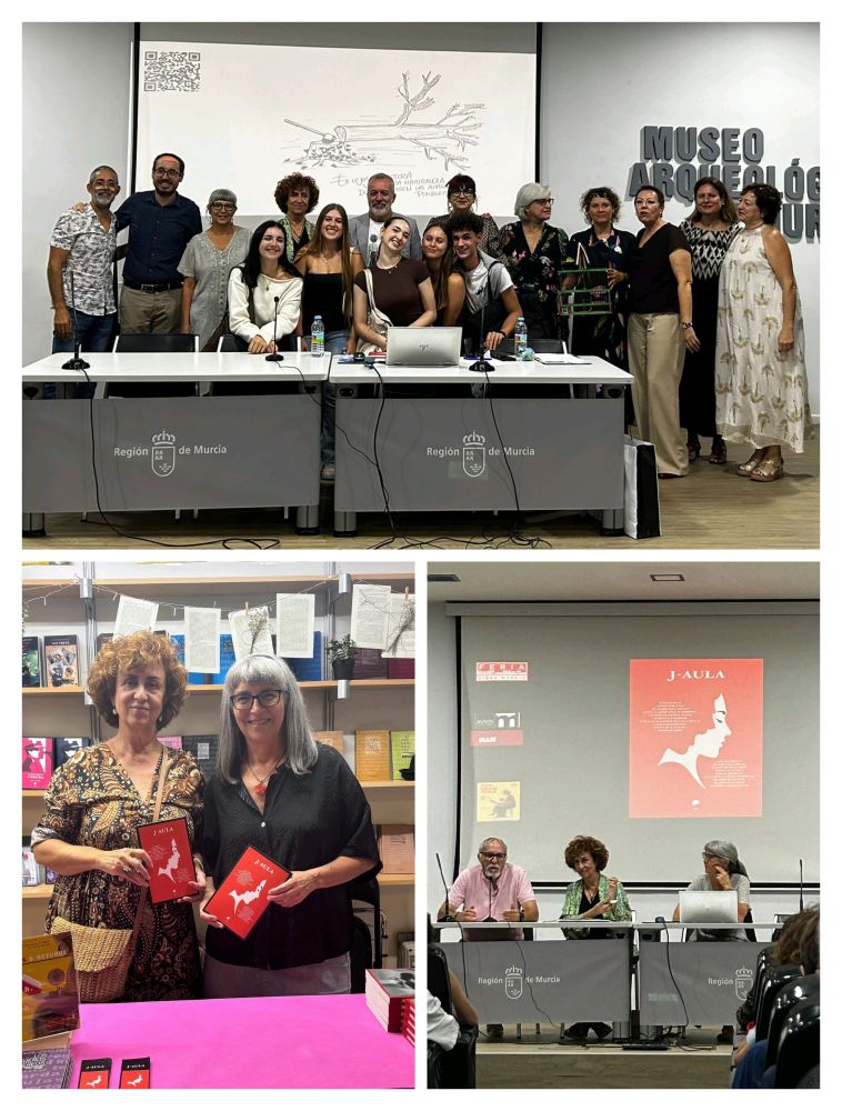 Varias imágenes de la firma y la presentación del libro de relatos J-Aula, en la Feria del libro de Murcia 