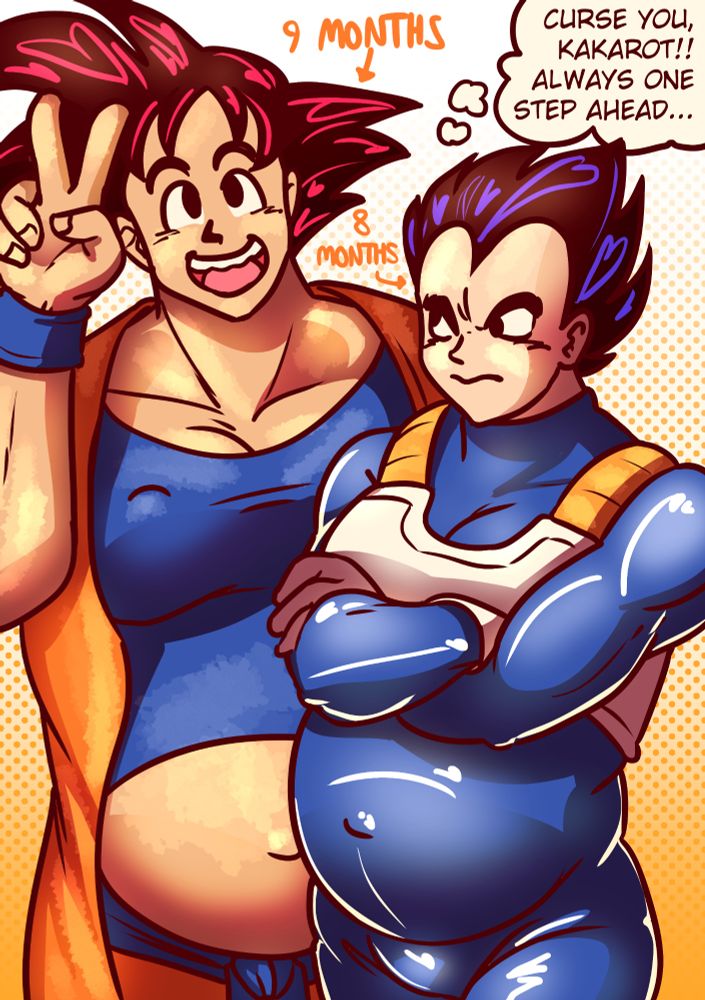 goku (9 months pregnant) and vegeta (8 months pregnant). vegeta is frowning as usual, and has a thought bubble reading 'curse you, kakarot!! always one step ahead...'