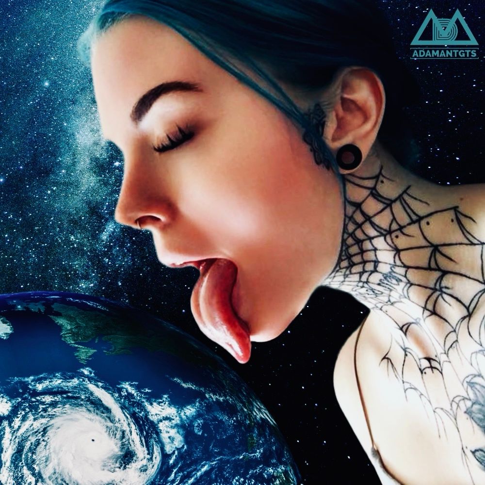 The divine cosmic goddess Sky Stone looms large as she leans towards planet earth, her wet tongue hungry to get a taste of our puny world.