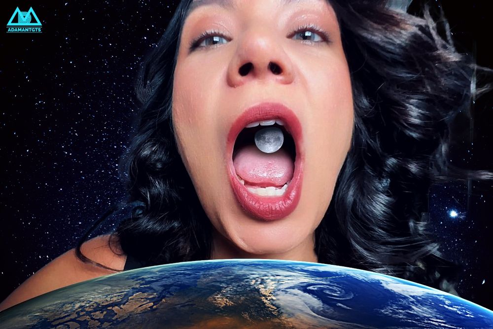 Giantess Drea teases the world with one last glimpse of the moon before swallowing it whole.