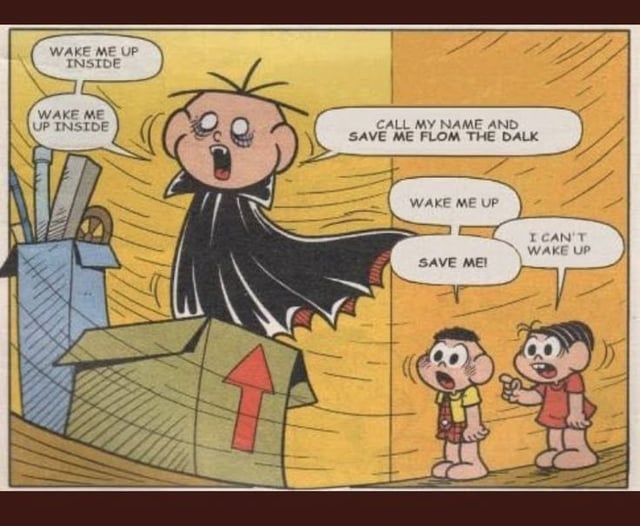 Quadrinho da Turma da Mônica com o Cebolinha com capa de vampiro, junto com Cascão e Monica cantando o refrão de Bring me to Life do Evanescence