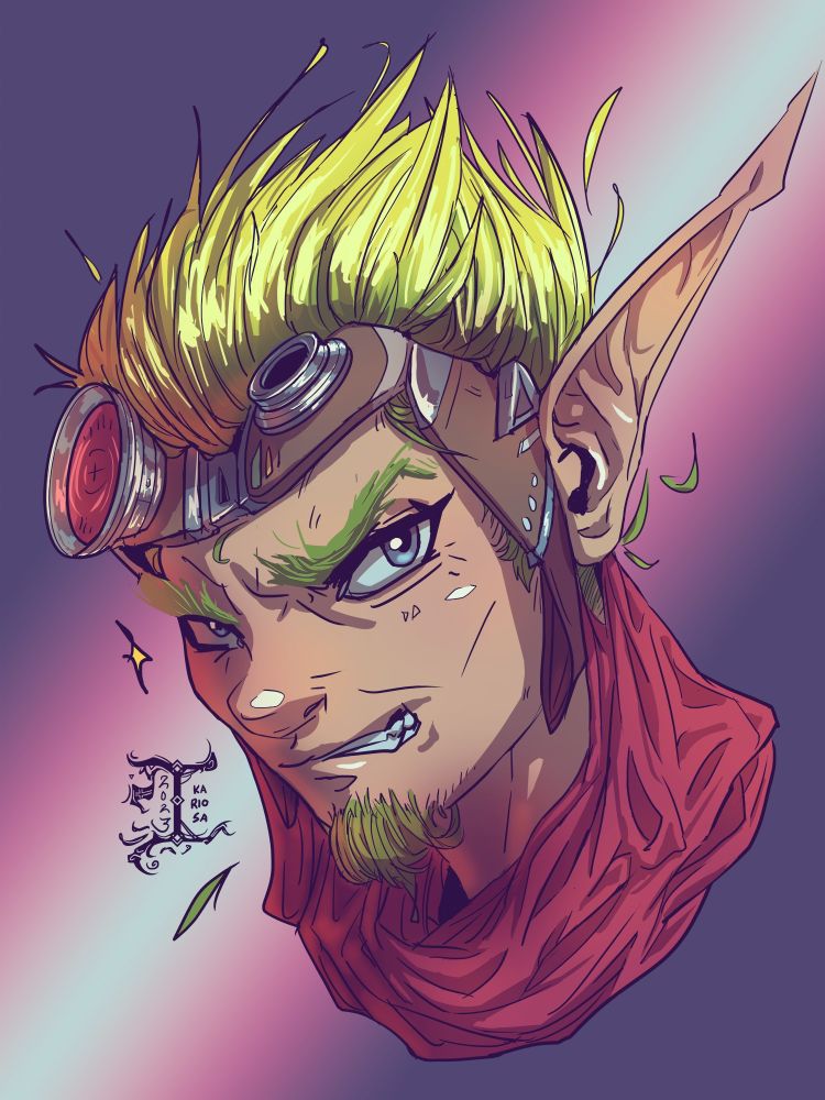 Digital portrait painting of a male elf character named Jak, from the video game series Jak and Daxter. Comic art style with a simple background, he is depicted with a sly smirk facing the viewer.