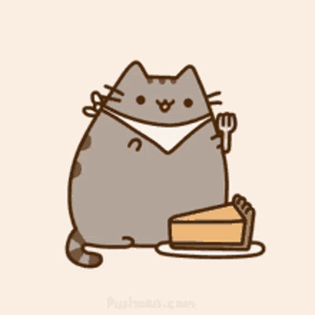 a cartoon cat is holding a fork next to a piece of cake