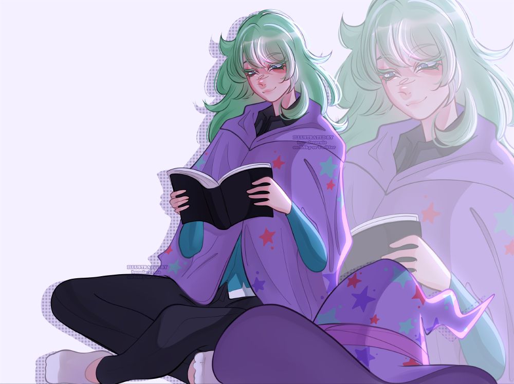 a young person with long green hair sitting down on the floor reading a book with a smile, his witch hat is next to him on the floor, and he is covered by his cape