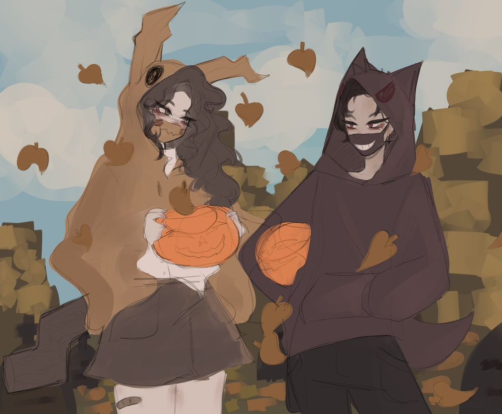 a young girl with a hoodie themed as mimikyu from Pokemon and a young boy with a hoodie themed as gengar from pokemon, both have pumpkin baskets and are in a cemetery 