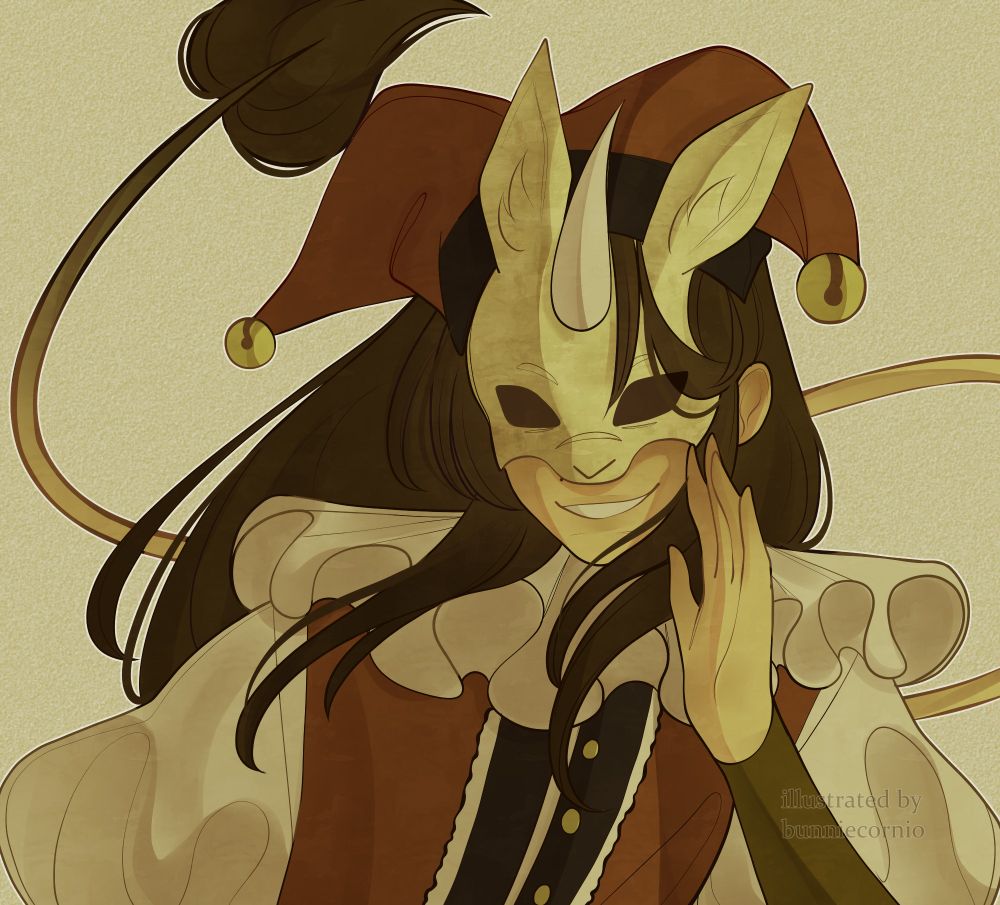 a young androgynous person in a pierrot outfit and a unicorn mask 