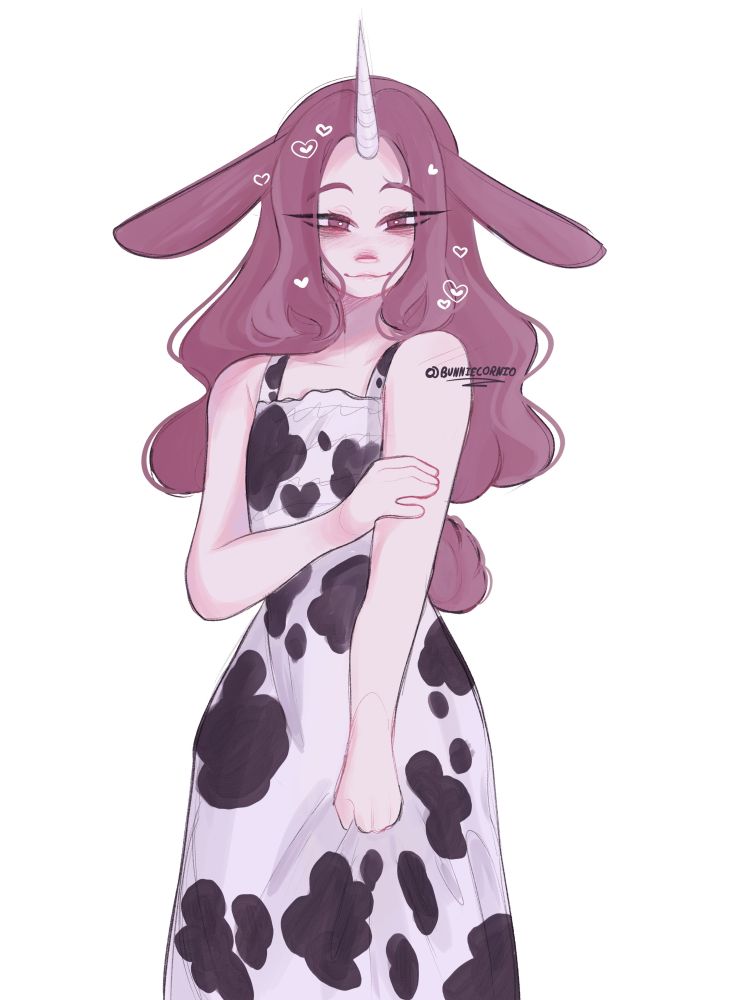 a young person with hare ears, and a unicorn horn, they're wearing a white and black dress