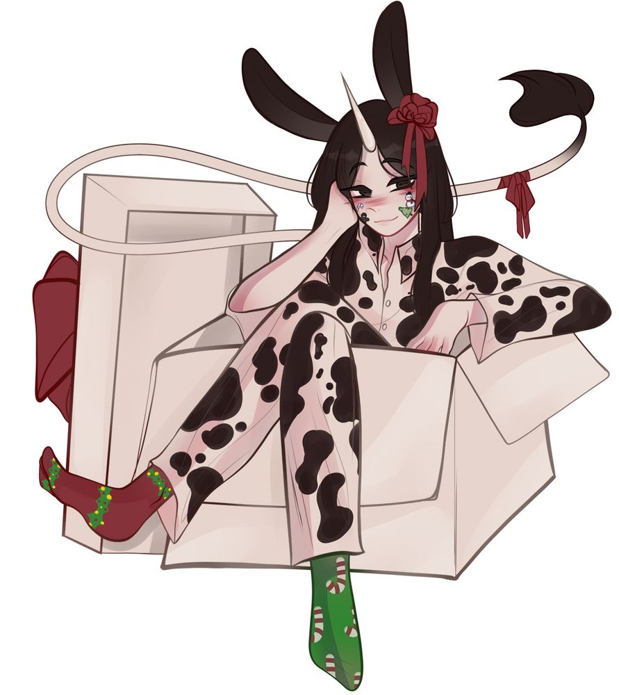 a young androgynous person sitting on a giant christmas box with a smug smile wearing christmas themed red and green socks and a cow print pajama with a christmas bow on their long brown hair 