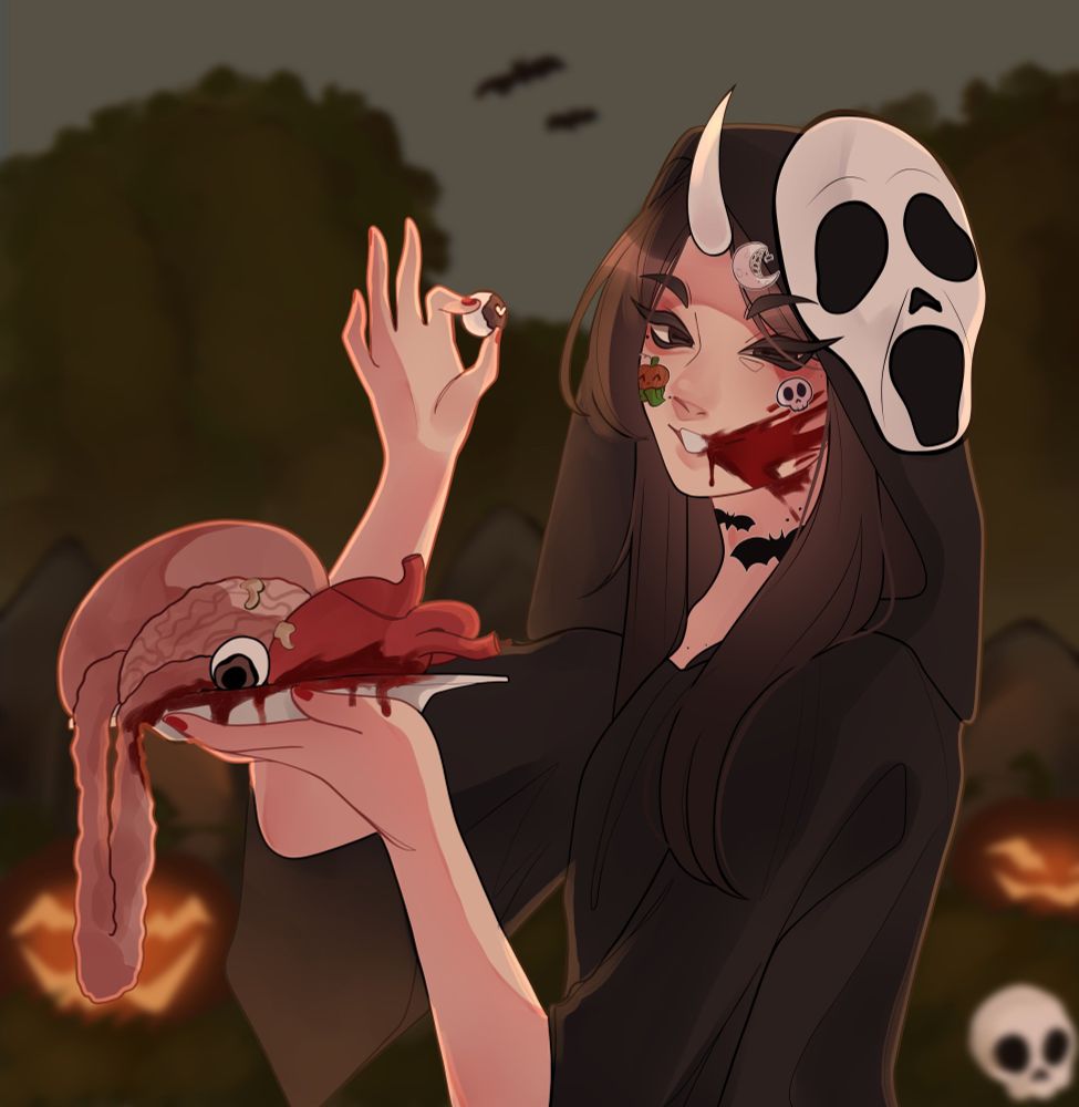 a young man dressed as ghost face in a cemetery holding up a plate of innards with their mouth full of blood 