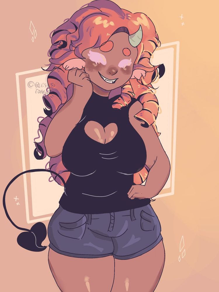 Young woman with dark skin, red curly hair and a big smile, she has a horn and a tail