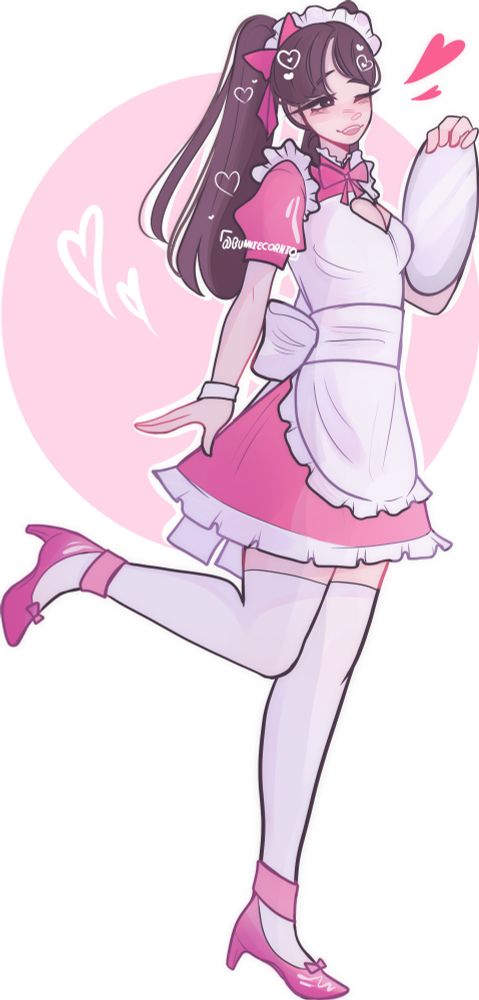 a young girl in a pink maid dress