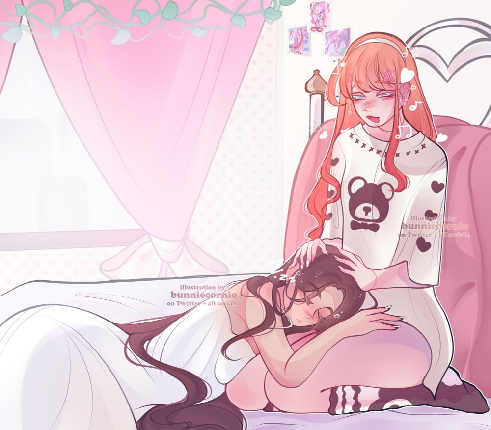 an illustration of two girls in a bedroom, one of them is a brunette woman with long flowy hair, laying down on her lovers lap, sleeping, she's wearing a long white dress, the other is a younger woman with orange hair, she's looking down at her partner singing softly, the window is open with a lot of light getting inside 