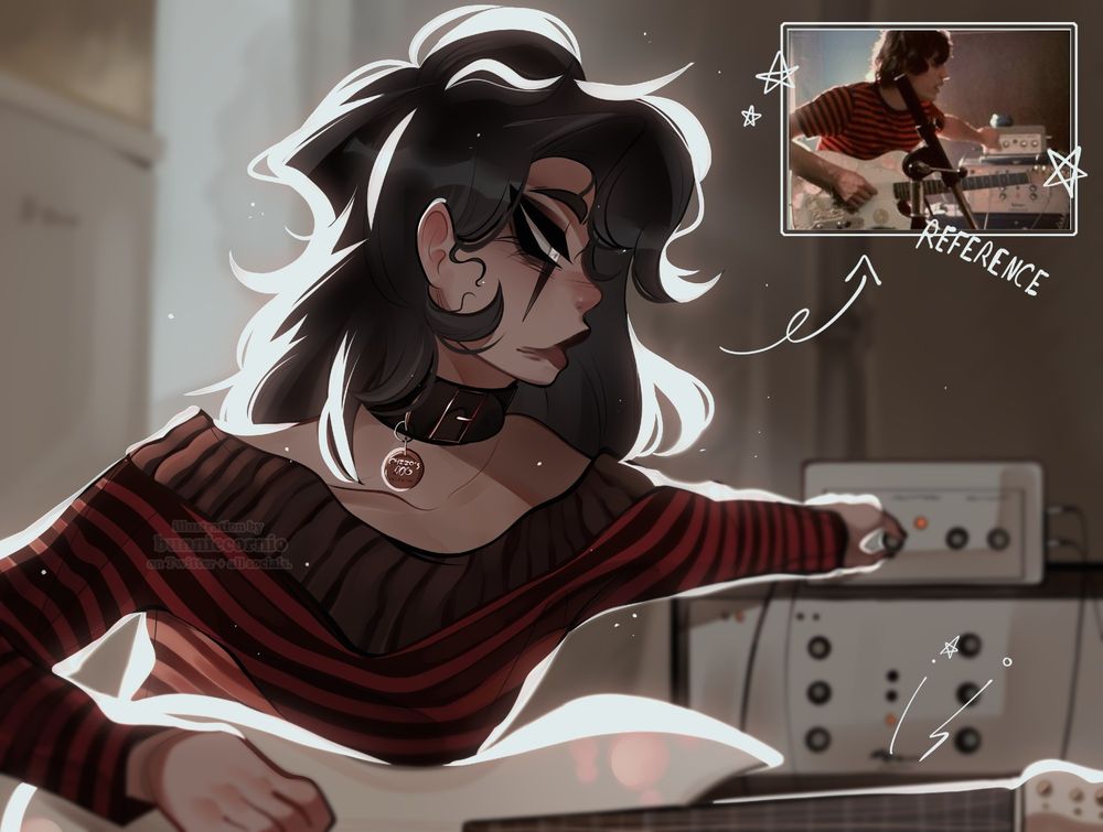 illustration of a young gothic man in a garage with an electric guitar turning up some kind of machine conected to the guitar, he has heavy dark makeup and long black hair, he is wearing a black dog collar in his neck 
illustration of a young gothic man in a garage with an electric guitar turning up some kind of machine conected to the guitar, he has heavy dark makeup and long black hair, he is wearing a black dog collar in his neck 