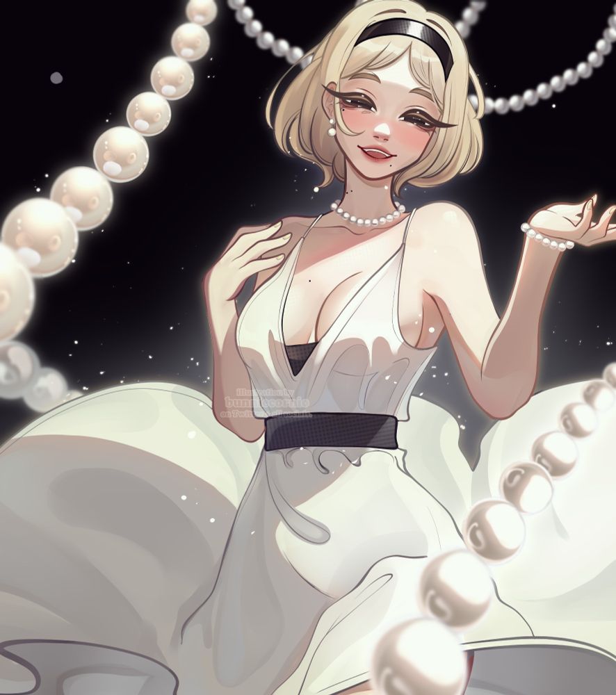 a beautiful young woman with short blonde hair surrounded by magical looking pearls, she's smiling with empty eyes, she wears a flowy white dress with strap sleeves, and pears in her ears, neck and wrist, she has a black shiny headband. There's light particles around her making her look even more majestic