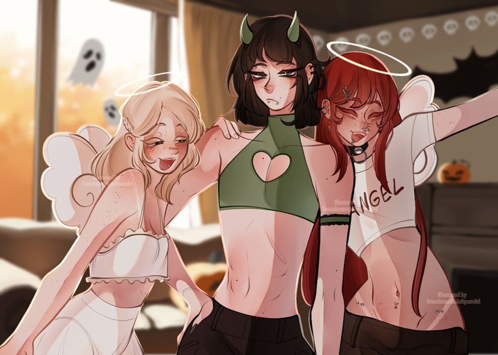 three young people in a living room decorated for halloween, a girl dressed as angel, a boy dressed as a devil and another boy dressed as angel 