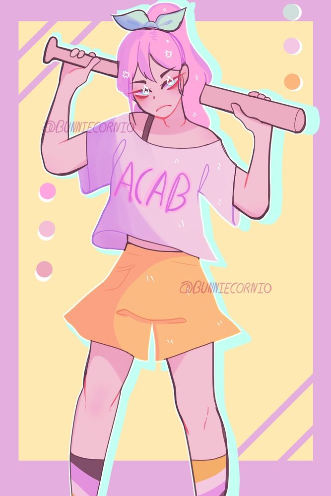 pink haired girl holding a bat 