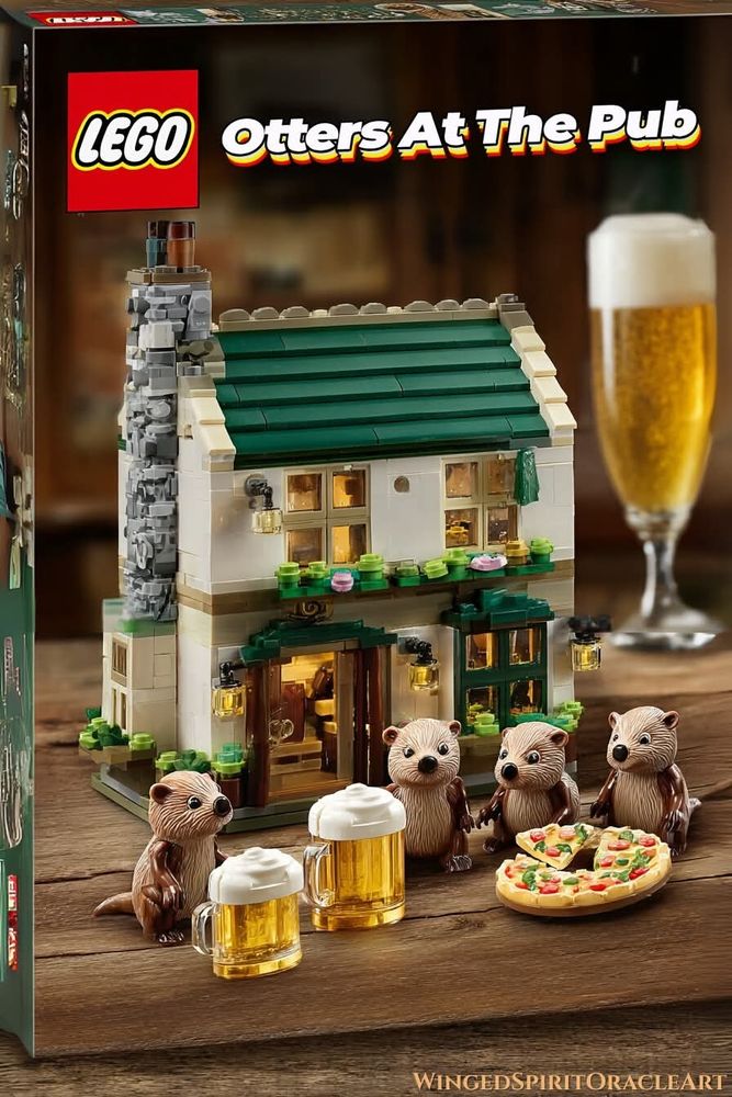 Fake Lego set containing otters drinking beers in front of a pub.
