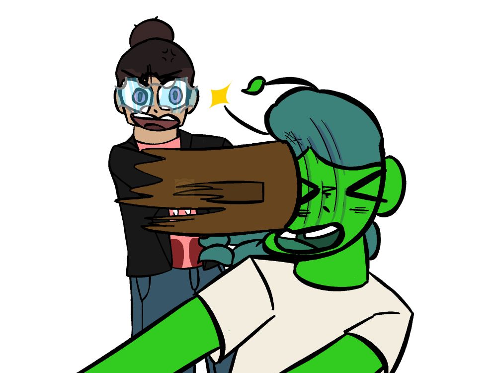 One of my characters hitting another of my characters with a comically oversized wooden mallet. All violence portrayed is cartoonish and the one being hit is perfectly fine.