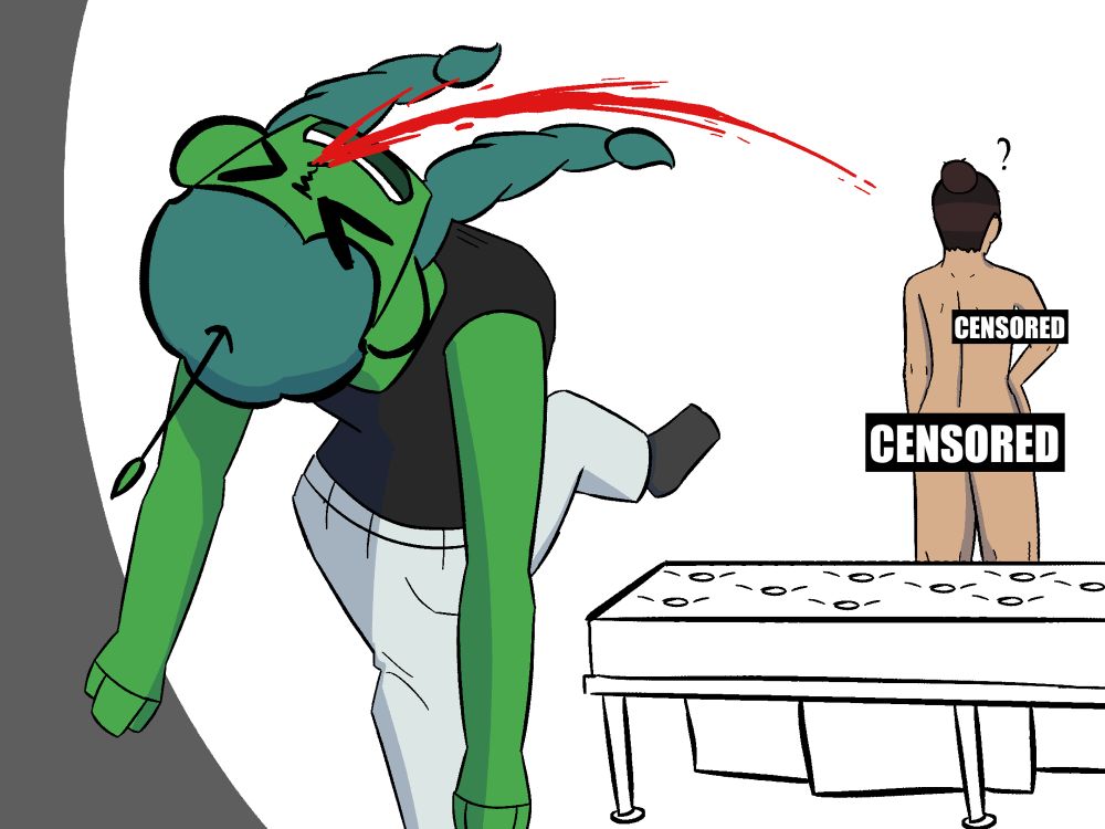 Somewhat suggestive art of my oc Juni getting a nosebleed looking at my other oc Soph. Soph is naked which it why it’s marked nsfw although it is censored. Classic anime trope.