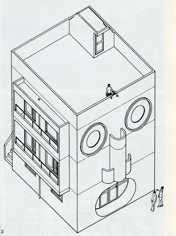 Axonometrische Zeichnung des "Face House" in Kyoto von Kazumasa Yamashita. Das Haus hat eine Fassade, die aussieht wie das Gesicht eines Roboters