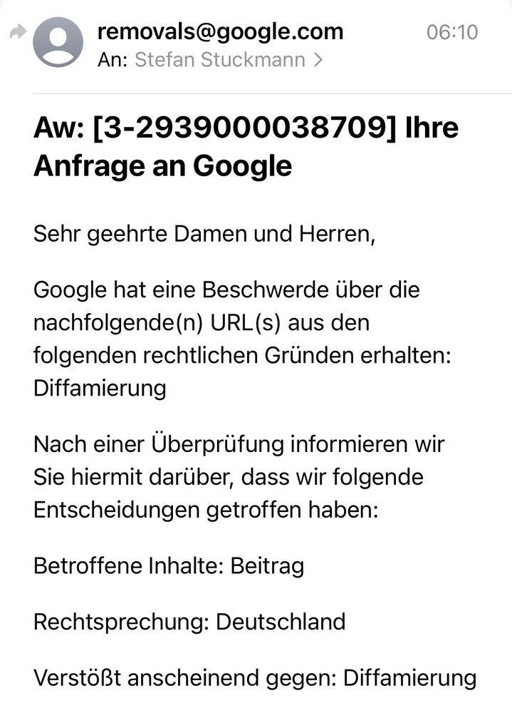 Mail von Google mit der Nachricht, dass der Besitzer des Ladens die Bewertung als diffamierend gemeldet hat