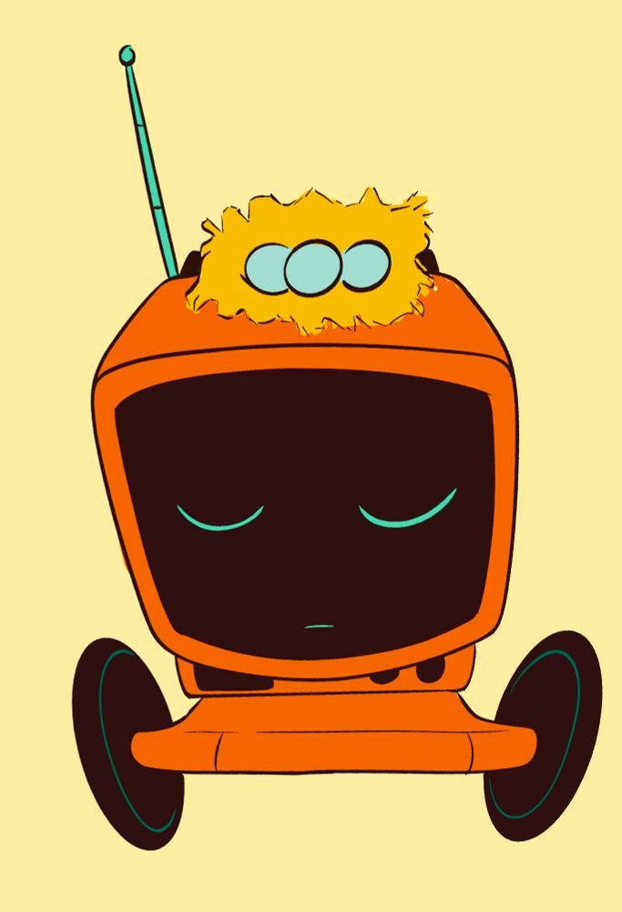 it's me, lil mobile tv on wheels, with a nest of eggs on my head