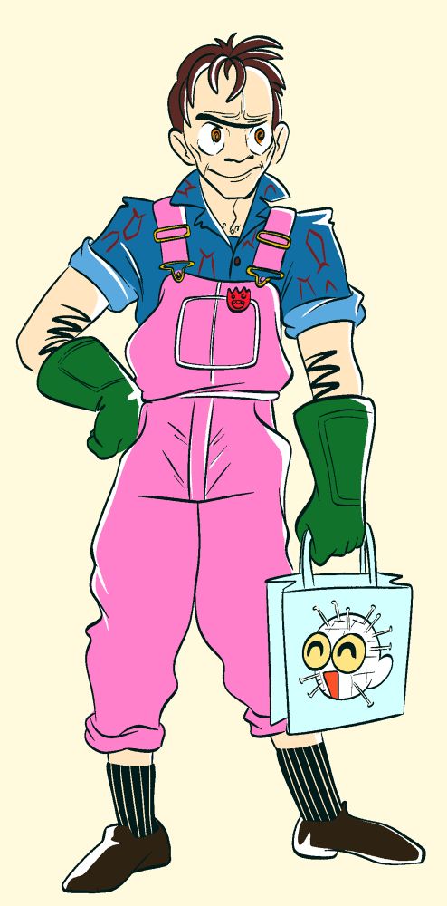 arby, wearing sailor mars' iconic pink overalls, while carrying a chibi (or chibi, depending where you're from) pinhead bag.