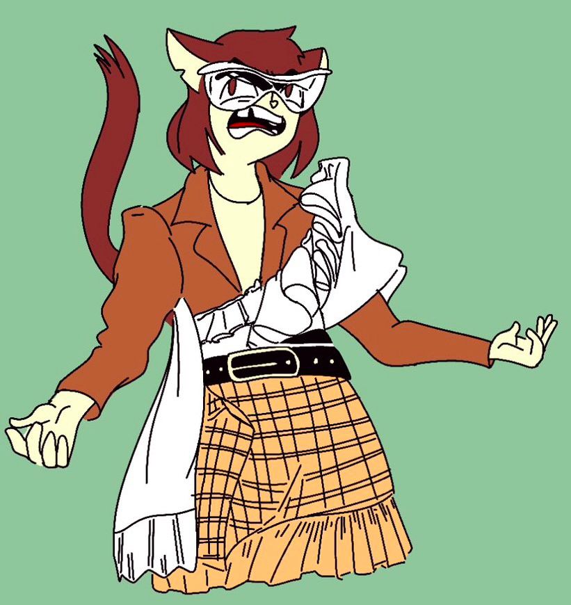 cat woman wearing a blazer, a weird fabric thing over her chest, a large belt, and a patterned skirt. complete with big goggles.