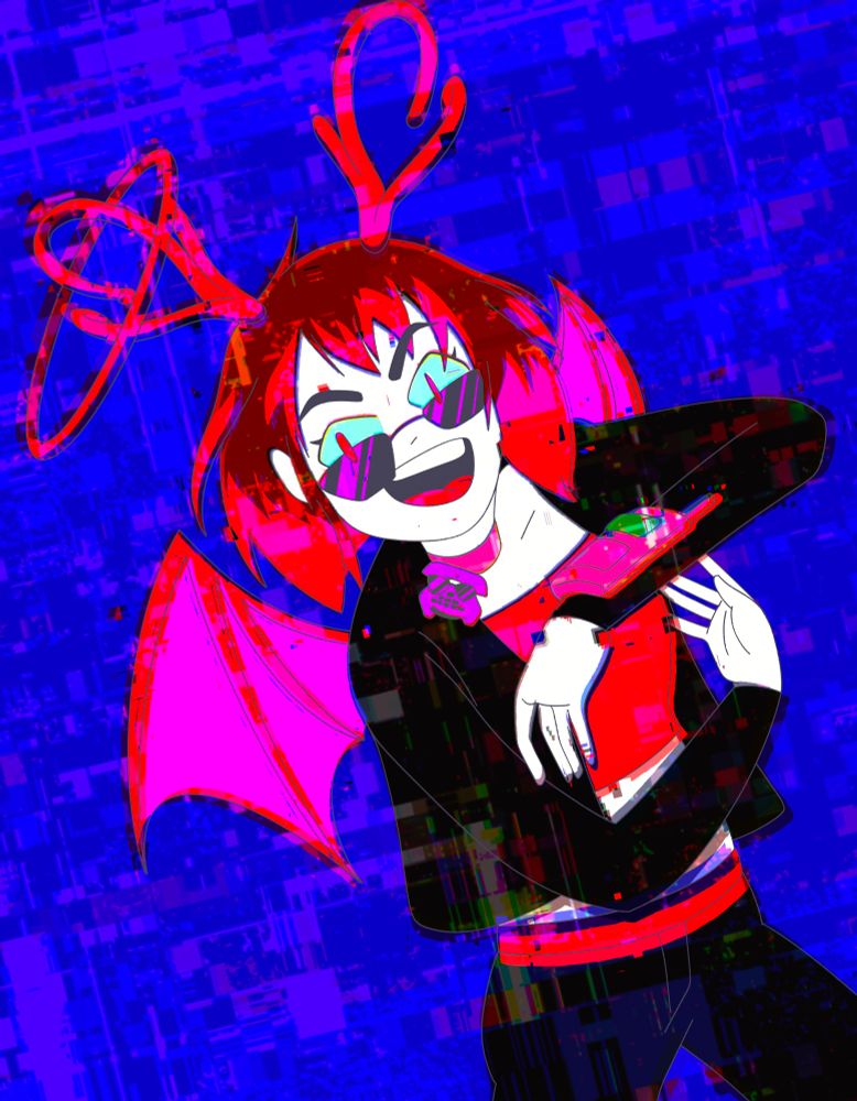 it's Kacey, with her bright pink wings & horns & halo, wearing a black cardigan & purple shades, smiling as she poses with her phone placed on her left wrist.