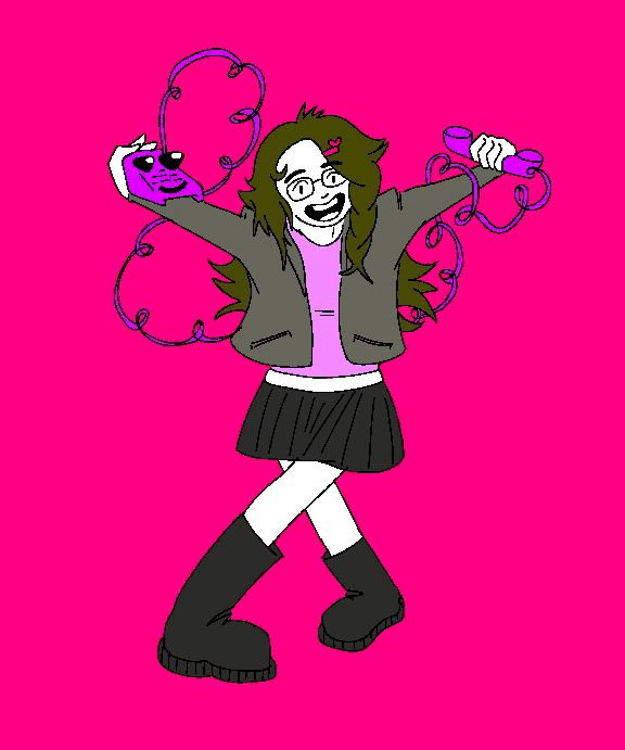 KC posing with Mamoka, the phone. Legs crossed while standing, with both arms back, phone cable coiling from the handset on the left hand to the base on the right hand.