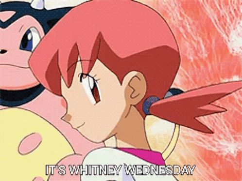 a cartoon girl says it 's whitney wednesday in front of a pokemon