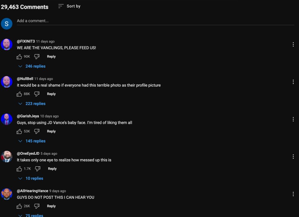 A screenshot of YouTube comments where every profile avatar has been changed to a version of the infamous (and apparently criminal) JD Vance baby face meme