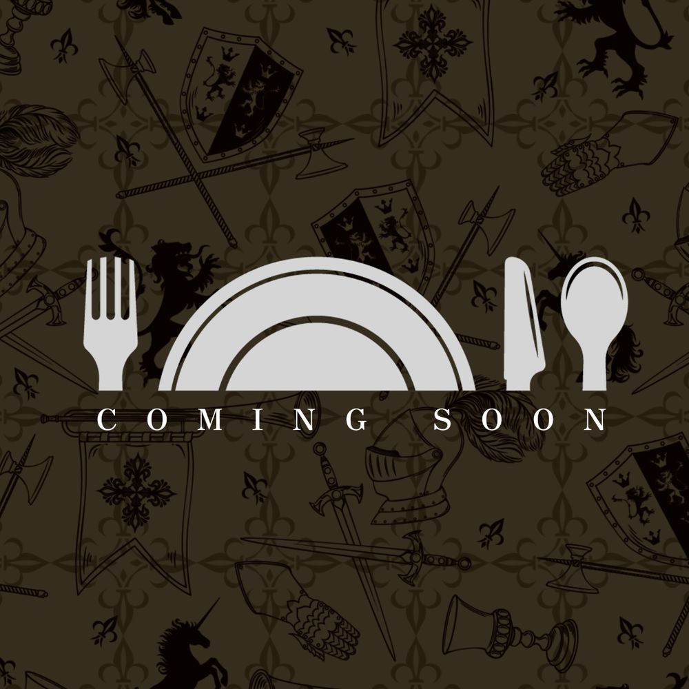 A graphic of a fork, a plate, a knife and a spoon. Under the graphic, the text "Coming soon" is shown. The background is medieval imagery.

