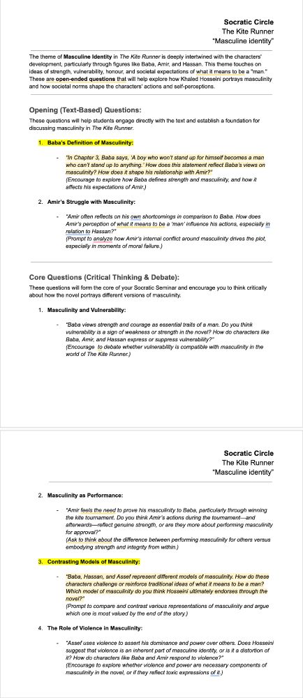 Socratic question script for the seminar on The Kite Runner. Part 1