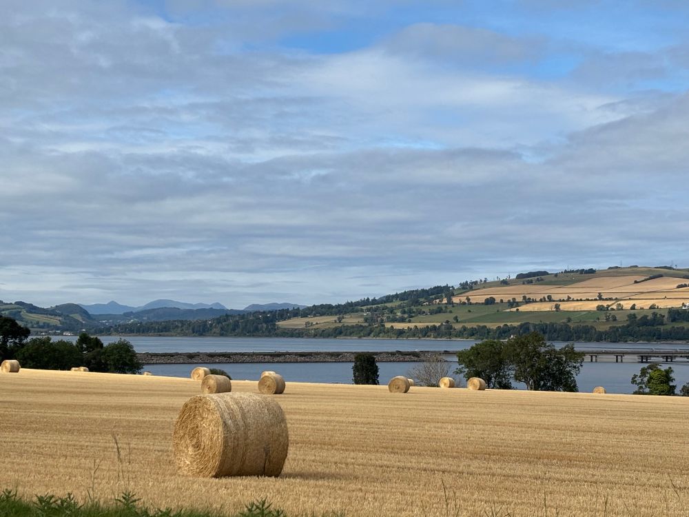 Beautiful golden fields in the Scottish highlands. The fields have large round hay bales. Below the field is the Cromarty Firth and the Cromarty bridge. There are mountains in the background. It’s a lovely sunny day