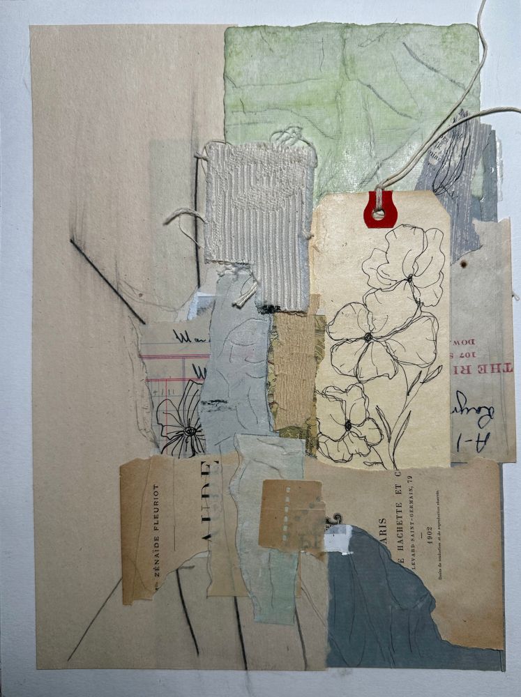 A collage with organic shapes, sketching, vintage and painted papers.