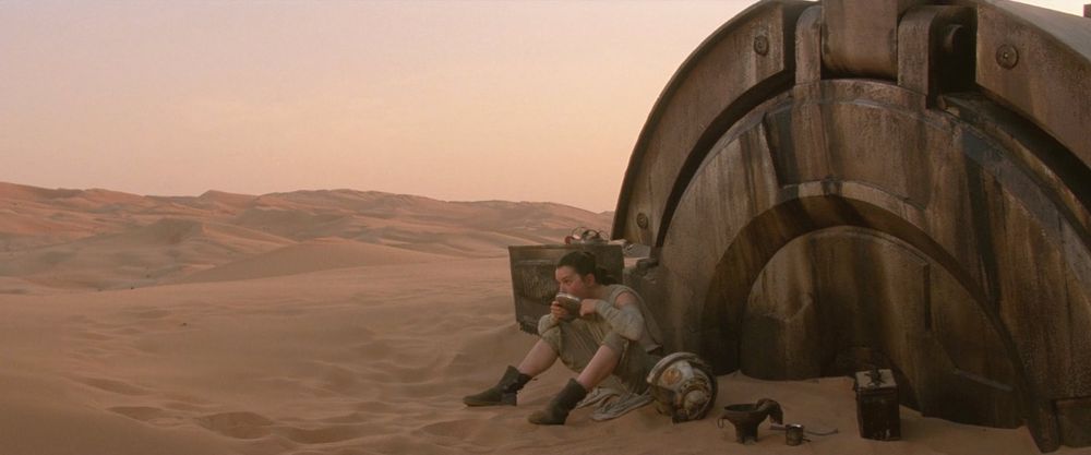 Rey, sitting on the ground, eating her supper outside the wreckage of the Imperial Walker where she lives, with the golden light of sunset on the empty expanse of sand dunes behind her. From The Force Awakens.