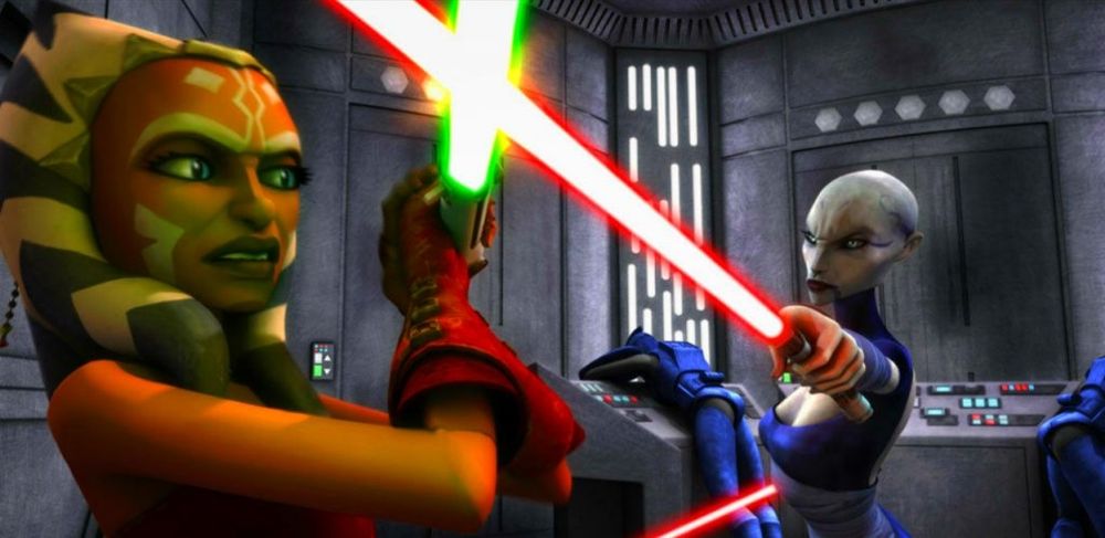 Ahsoka Tano (Ashley Eckstein) in a lightsaber duel with Asajj Ventress (Nika Futterman) in a scene from The Clone Wars series.