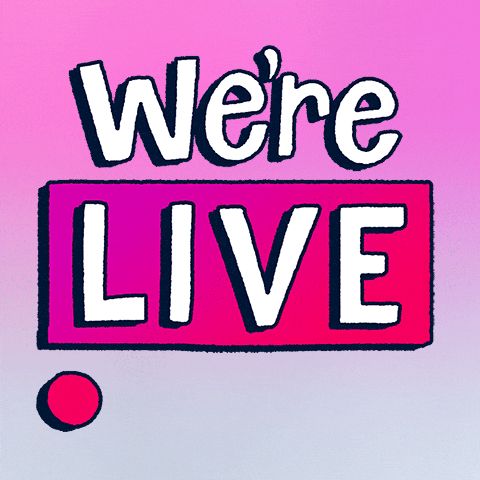 Gradient pink and purple background with animated text "We're Live" and a flashing recording light. 