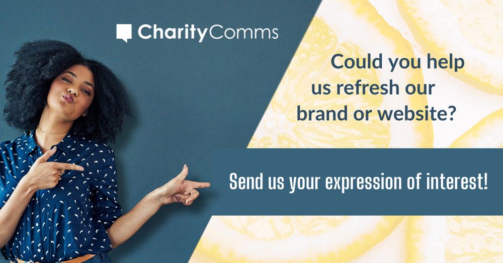 A woman pointing towards text that reads 'Could you help us refresh our brand or website? Send us your expression of interest!' set against an image of lemons and a blue background. 