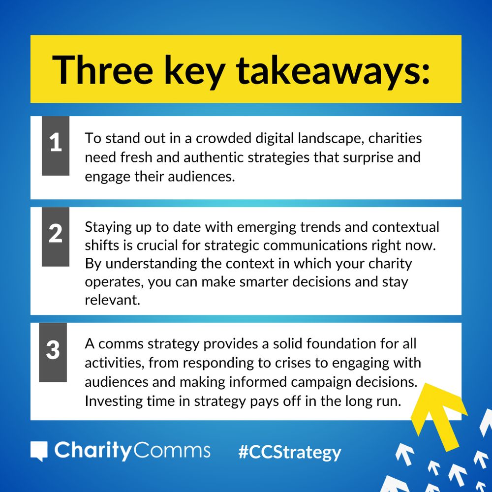 Three key takeaways from our Strategic Communicators' Conference include: 1. To stand out in a crowded digital landscape, charities need fresh and authentic strategies that surprise and engage their audiences. 2. Staying up to date with emerging trends and contextual shifts is crucial for strategic communications right now. By understanding the context in which your charity operates, you can make smarter decisions and stay relevant. 3. A comms strategy provides a solid foundation for all activities, from responding to crises to engaging with audiences and making informed campaign decisions. Investing time in strategy pays off in the long run. 
