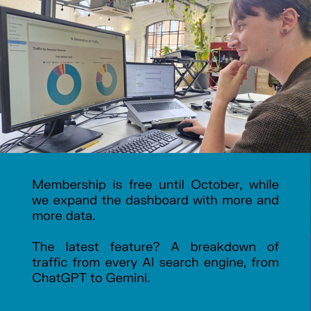 Picture of person in an office, looking at a screen with data views. Text on blue background reads, Membership is free until October, while we expand the dashboard with more and more data. The latest feature? A breakdown of traffic from every AI search engine, from ChatGPT to Gemini. 