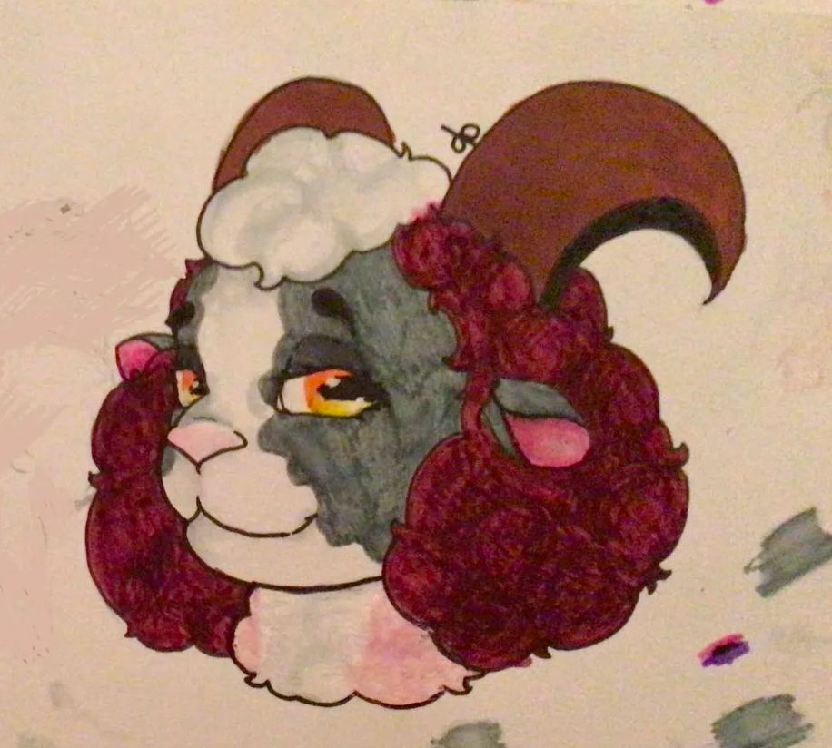 A grey and white anthro sheep with dark red hair and brown horns that arc backwards. They have orange and yellow eyes and are smirking at the camera.