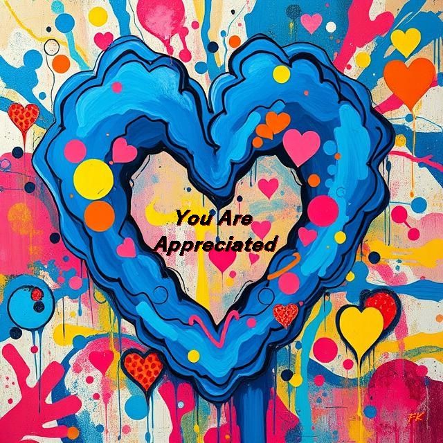 Abstract multicolor painting with hearts and circles. In the middle of the large heart in the middle it says: You Are Appreciated